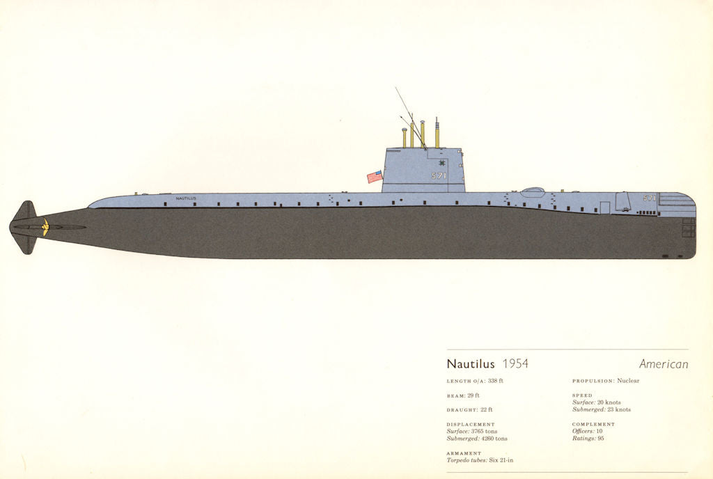 Nautilus (1954). American nuclear submarine. Hugh Evelyn 1970 old print